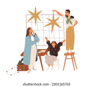 Happy family decorating home for Christmas. Mother, father and daughter child preparing DIY decoration, ornament for Xmas winter holiday time. Flat vector illustration isolated on white background