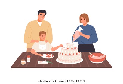 Happy family decorating homemade cake with whipped cream and strawberry vector flat illustration. Mother, father and son cooking together on kitchen table isolated on white. Preparing dessert