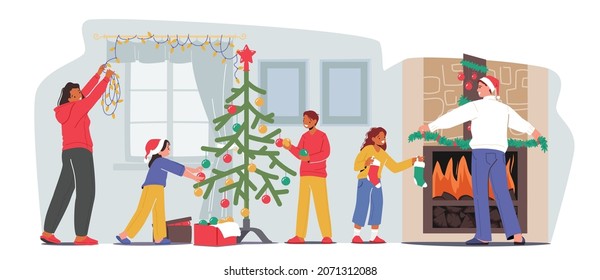 Happy Family Decorating Room for Christmas. Mother Decorate Window with Garland, Little Children Hang Toys on Beautiful Fir Tree, Father Put Spruce Branches on Fireplace. Cartoon Vector Illustration