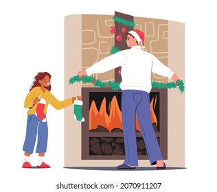 Happy Family Decorating Room on Christmas Holidays. Father and Daughter Decorate Fire Place with Fir Tree Branches and Garlands, Little Child and Dad Prepare Home for Xmas. Cartoon Vector Illustration