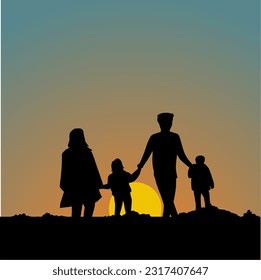 happy family design vector illustration with silhouette style and evening sun background