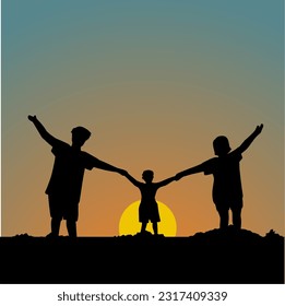 happy family design vector illustration with silhouette style and evening sun background