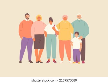 Happy Family Of Different Generations Together. Parents And Children, Family Day. Vector Illustration