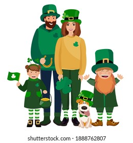 Happy family with different holiday symbols celebrating St. Patrick's Day, smiling. Holiday and celebration concept. Vector illustration