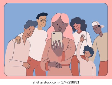 Сoncept Of A Happy Family Of Different Races Calls Via Videocall During Self-isolation. Fast Online Internet Connection Via Phone Or Tablet Webcam.For A Magazine ArticleStock Flat Vector Illustration.