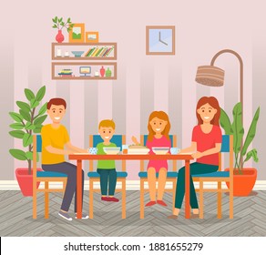 Happy family dining at home. Family members smiling mother, father, son and daughter sitting together at the table and eating dinner in living room interior. Parents spend time with children