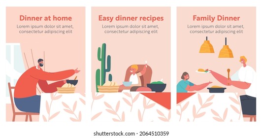 Happy Family Dining Posters. Characters Mother Father and Kids Having Dinner Sit at Table with Food. People Eating Meal and Talking Together, Parents and Children Lunch. Cartoon Vector Illustration