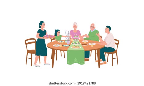 Happy Family At Dining Table For Easter Flat Color Vector Detailed Characters. Festive Dinner. Spring Holiday Celebration Isolated Cartoon Illustration For Web Graphic Design And Animation