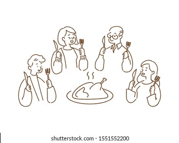 Happy family dinner with roast turkey, thanksgiving concept, hand-drawn style vector illustration.