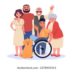 Happy family with disabled members. Cartoon smiling people, teen boy in wheelchair, parents and children together, blind grandfather. Love and care. Handicapped person, vector isolated concept