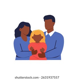 Happy family with diverse parents hugging their child. Concept of multicultural family love and unity in modern parenting