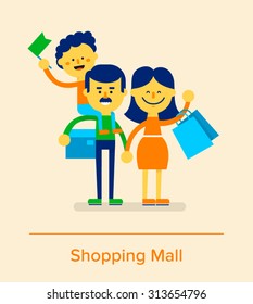 Happy family does shopping in shopping mall. Smiling mother and father with their son are keeping many shopping bags with purchases. Flat design vector illustration.