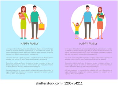 Happy family does shopping vector poster. Parents and newborn girl on mothers hand, cute dog pet on walk. Father holds packages, people in round frames