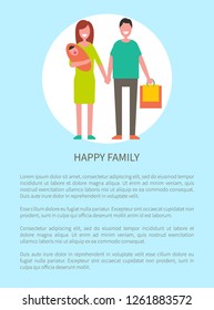 Happy family does shopping vector poster. Parents and newborn girl on mothers hand, cute parenthood banner with text sample. Father holds packages