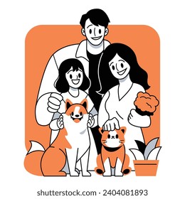 Happy family with dog and cat Vector illustration in flat line cartoon style