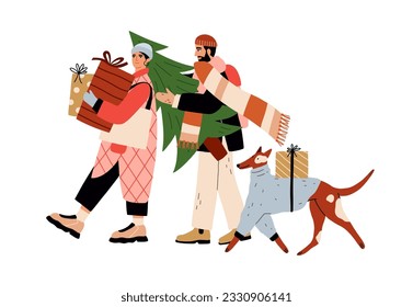 Happy family and dog during winter holiday shopping. Man and woman couple carrying Christmas purchases, Xmas gifts, boxes, fir tree. Flat graphic vector illustration isolated on white background