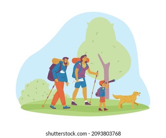 Happy Family With Dog Hiking Through Forest In Nature, Flat Vector Illustration Isolated On White Background. People With Backpacks And Sleeping Bag Hold Trekking Pole, Child Looks Through Binoculars.