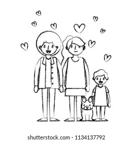 happy family with dog mascot and hearts icon