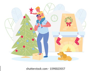 Happy Family with Dog Prepare for Christmas and New Year Holidays Celebration Decorating Fir-tree Together. Son Sitting on Dad Shoulders Put Star on Top Branch. Xmas Cartoon Flat Vector Illustration