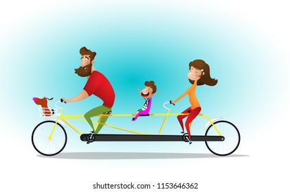 Happy family and dog riding a tandem bicycle. Vector illustration.