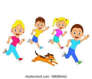 Happy family and dog running, illustration, vector