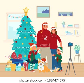 Happy Family With Dog In Santa Hats Making Selfie Near Christmas Tree With Presents. Children Wearing Costumes. Flat Vector Illustration.