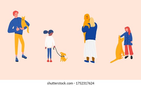 Happy family in dog shelter with animals, mom, dad and two daughers playing with puppies. Vector illustration for animal rescue website or promotional materials.