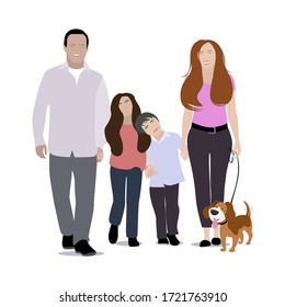 Happy family with dog walking. People mother father, son and daughter walk with pet, child and dad outdoor. Vector illustration
