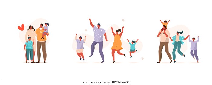 Happy Family doing Activities. They are Jumping, Running, Dancing and Having Fun. Mother, Father and Kids Spending Time Together. Characters Set. Flat Cartoon Vector Illustration. 