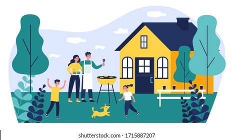 Happy family doing barbecue at garden flat vector illustration. Mother and father cooking outdoor near house. Kids playing with dog at backyard. BBQ party and weekend concept
