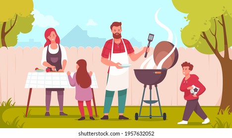 Happy family doing barbecue at garden. Mother, father and children spending time in backyard. Family preparing food outdoors. Summer bbq picnic. Vector illustration.