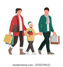 Happy family doing Christmas shopping together, they are holding gifts and bags, isolated