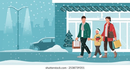 Happy family doing Christmas shopping together, they are walking in the street and holding shopping bags, holiday sale concept, copy space