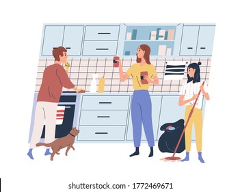 Happy family doing cleaning at kitchen together vector flat illustration. Mother, father and daughter wiping dust, washing floor, throw garbage in trash isolated on white. People during housework