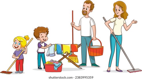 Happy family doing housework. Vector cartoon illustration of parents and children doing household chores.