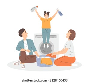 Happy family doing laundry. Smiling mother, father and daughter do housework. Vector illustration in flat style isolated on white background