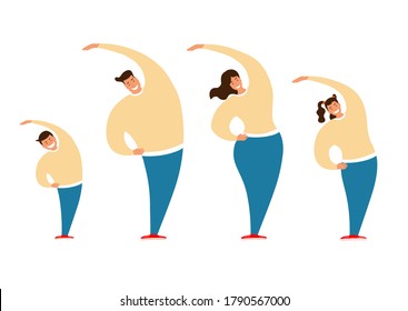Happy family doing morning exercises. Isolated group of people on white background. Active lifestyle of sporty people.
