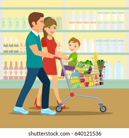 Happy family doing shopping in grocery store. Vector illustration of a flat design
