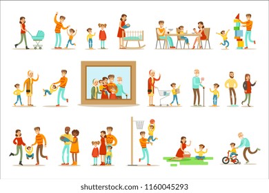 Happy Family Doing Things Together Illustration Surrounding Big Portrait Picture