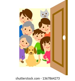 Happy family with door. Grandparents, parents, children and pets. Vector illustration.
