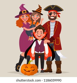 Happy family dressed in costumes, celebrates Halloween. Vector illustration in cartoon style