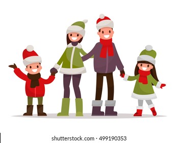 Happy family dressed in winter clothes on a white background. Vector illustration of a flat design