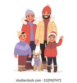 Happy family dressed in winter warm clothes. People in the north. Christmas Holidays. Vector illustration in cartoon style