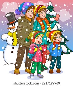 Happy family dressed in winter warm clothes. People in the north. Christmas Holidays. Vector illustration in cartoon style