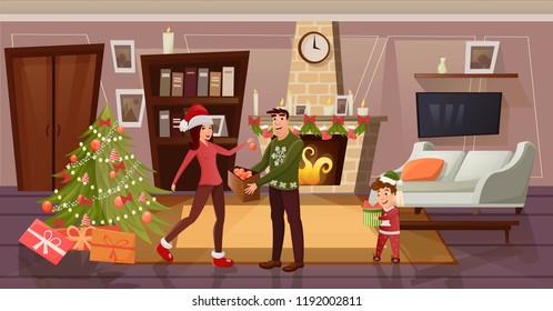 A happy family dresses up a Christmas tree but a new year and Christmas. Father and mother hang balls, and son unpacks gift. For postcards, posters, banners, design illustration