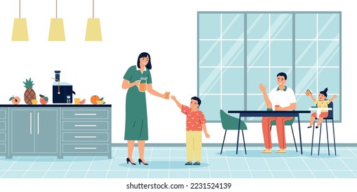 Happy family drinking freshly squeezed fruit juice in kitchen and mum giving glass to little son flat vector illustration