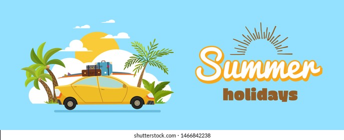 Happy family driving in car on weekend holiday, summer holidays, planning summer vacations, travel by car, summer holiday, Tourism and vacation theme. Flat design vector illustration.