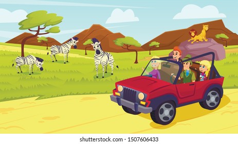 Happy Family Driving Car on Safari in Africa or Open Air Zoo Park with Animals Walking around, Predators Lions Pride and Zebras Herd Live Together, Wild Life Vacation Cartoon Flat Vector Illustration