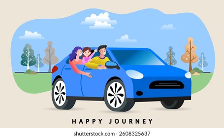 
Happy family driving, car side view, cartoon father, mother, son in car, vacation and weekend concept
Flat vector illustration isolated