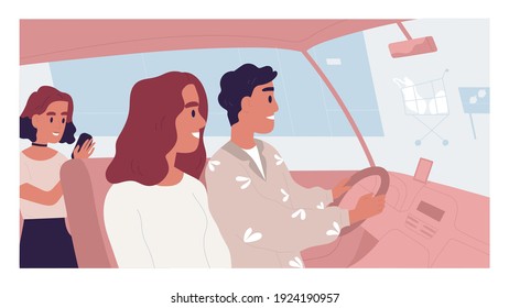 Happy Family Driving To Grocery Store Or Supermarket For Weekend Shopping. Side View Of Young Couple With Kid In Auto. Colored Flat Vector Illustration Of Parents With Child In Automobile